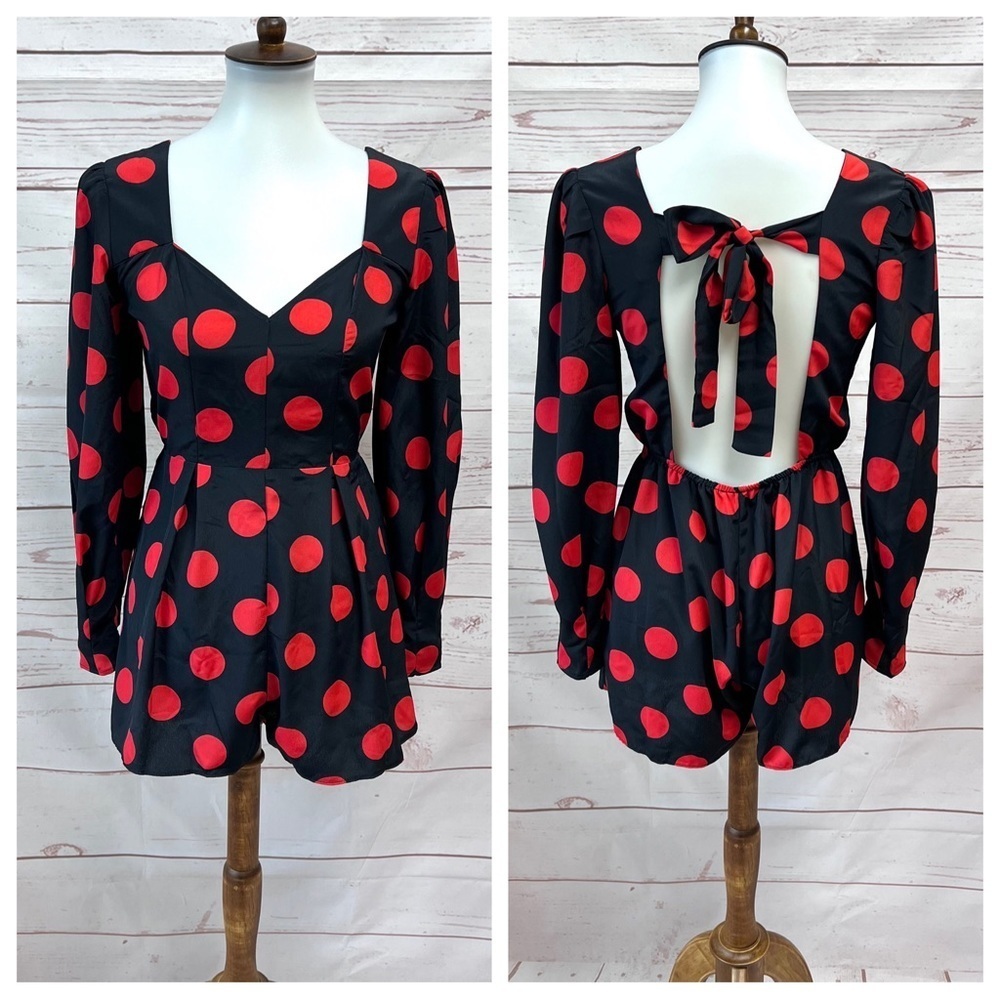 NWT Asos Puffy Long Sleeve Polka Dot Open Back Retro Sweetheart Neckline Romper